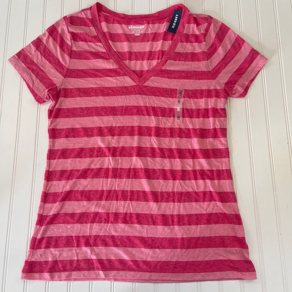 NWT Old Navy Womens XL Vintage V-Neck Striped T-Shirt Top Pink Slub Jersey